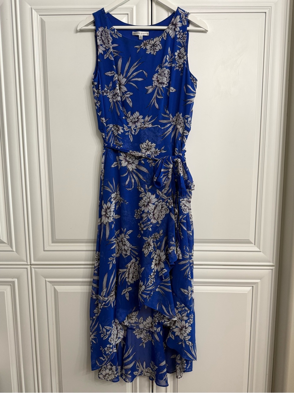 Sandra Darren Royal Blue Floral Midi Faux Wrap Dress High-Low Ruffle Size 10